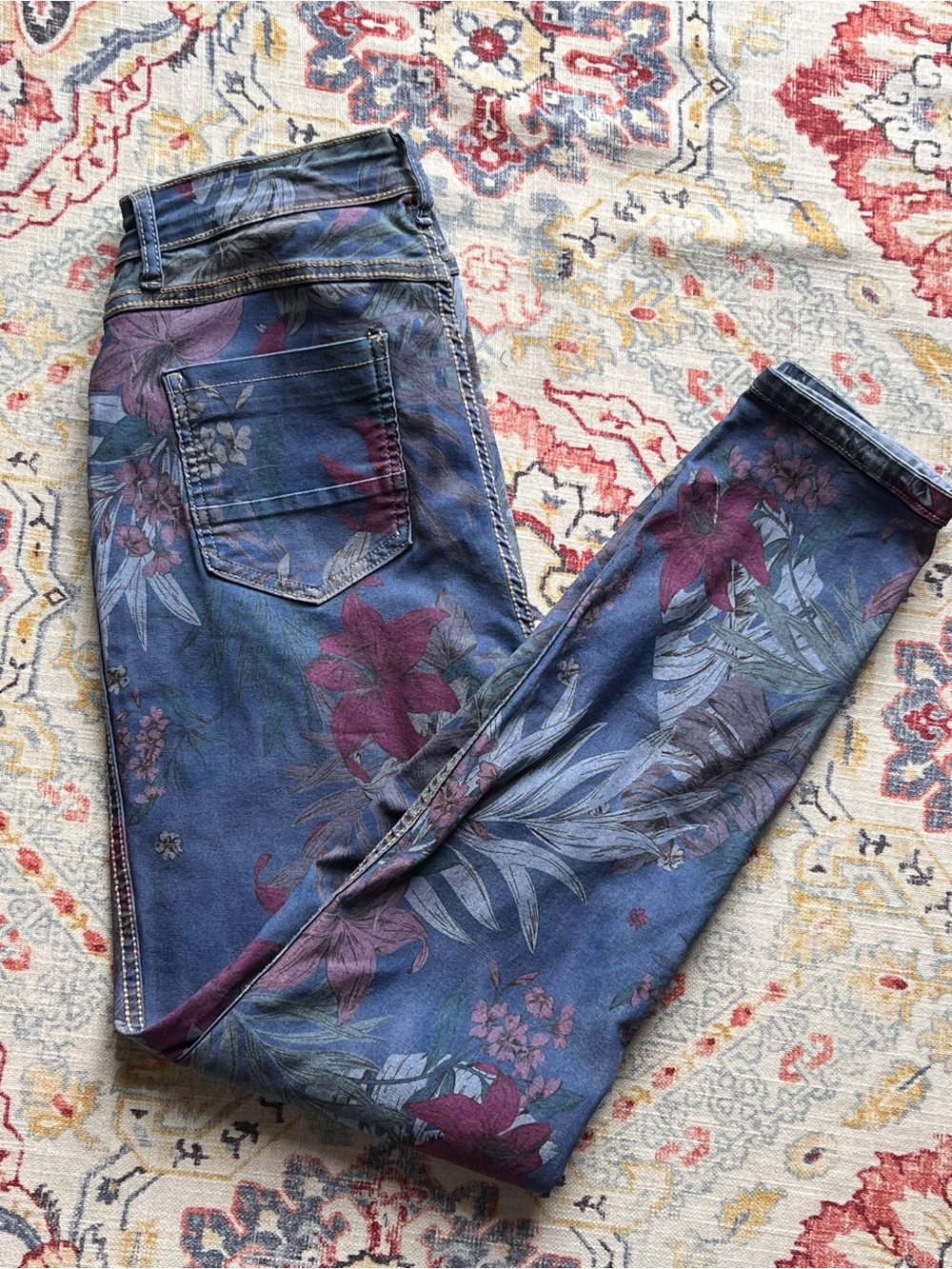 Frank Lyman Reversible Denim Jeans Tropical Floral Print Skinny Boho Sz S